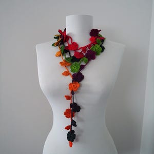 Crochet Flower Lariat Necklace: Rainbow Acrylic Yarn