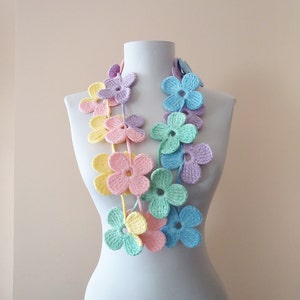 Colorful crochet scarf pink green purple yellow scarf accessories lariat scarf beautiful flowered scarf for women