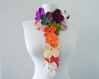 Crochet Flower Scarf: Colorful Acrylic Lariat, Autumn Accessory