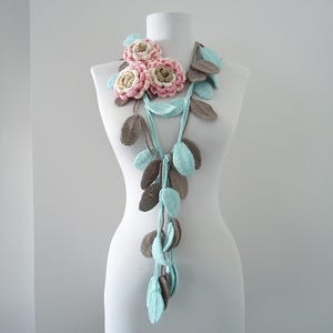 Pastel Crochet Scarf Necklace Lariat Scarf Rose Scarf Rose Crochet Scarf