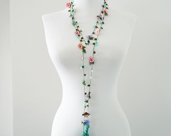 Handmade Crochet Flower Lariat Necklace: Needle Lace Oya, Turquoise Tassels
