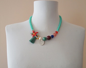 Turquoise green necklace oya necklace with tassel crystal necklace mixed semiprecious stone necklace