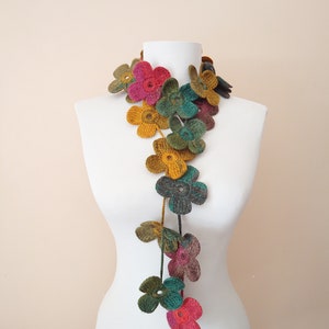 Crochet Flower Scarf: Colorful Acrylic Lariat, Autumn Accessory