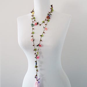 flower long lariat necklace colorful crochet lariat necklace needle lace oya necklace