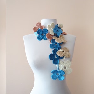 Blue white and brown crochet floral scarf mothers day gift crochet lariat necklace scarf