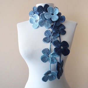 Dark blue light blue white crochet scarf Crochet flower scarf for women