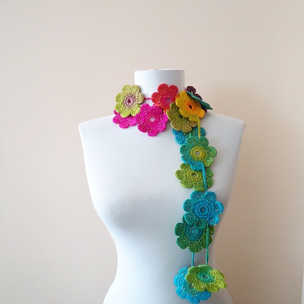Rainbow colored crochet floral scarf gift for xmas
