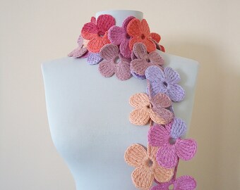 Handmade Crochet Flower Scarf: Pink, Orange, Purple Lariat