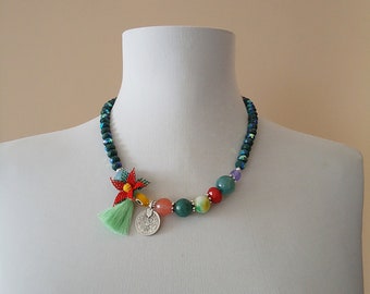 Turquoise green necklace oya necklace with tassel crystal necklace mixed semiprecious stone necklace