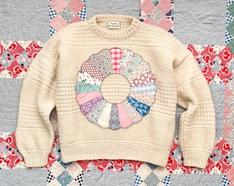 Hand Knit Sweater with Colourful Dresden Plate Appliqué