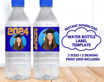 Blue Grad Water Bottle Label Canva Template for graduation, 2024 graduate custom party favor for grad party, Trunk party giveaway gift, BD32