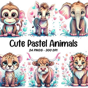Watercolor Pastel Animal Clipart Bundle, Whimsical Pastel Cartoon Animal PNG, Capybara, Highland Cow, Elephant, Lion, Butterfly PNG and more