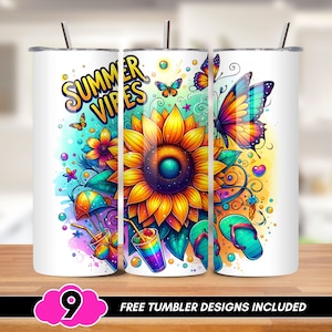 Emballage de verre sans couture Summer Vibes, papier peint tournesol 20 oz, sublimation design tongs, verres PNG Butterfy, papiers peints fantaisie