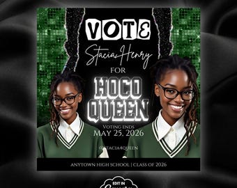 Homecoming Queen Flyer Template, Editable Prom Queen Campaign Flyer, Editable IG Flyer Canva Template, DIY Green Photo Flyer for HOCO, BD241