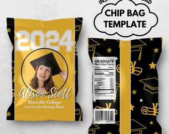 Chip Bag Canva Template for graduation, class of 2024 graduate custom picture chip bag party favor, yellow grad party chipbag template, BD67