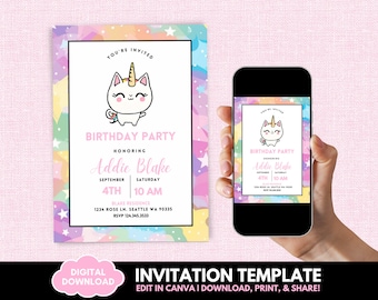 May include: A digital download template for a birthday party invitation featuring a cartoon unicorn cat with a pink, blue, and yellow watercolor background. The text on the invitation reads "You're Invited", "Birthday Party", "Honoring Addie Blake", "September 4th", "Saturday 10 AM", "Blake Residence", "1234 Rose Ln. Seattle WA 90335", and "RSVP 124.345.3533".