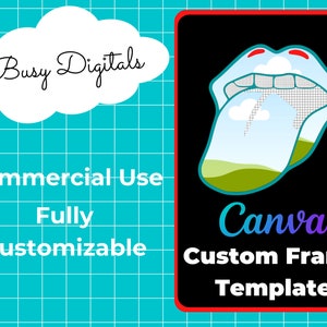 Può includere: Un modello di cornice personalizzato Canva con una lingua blu, verde e bianca che sporge da una bocca su uno sfondo nero. Il testo "Canva Custom Frame Template" è scritto sotto la bocca. Il testo "Busy Digitals" è scritto in una nuvola bianca su uno sfondo a griglia blu. Il testo "Commercial Use Fully Customizable" è scritto sotto la nuvola.