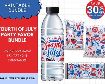 Pacchetto Chip Bag per il 4 luglio, Download istantaneo, Candy Bar stampabile del 4 luglio ed etichette per bottiglie d'acqua, Festa del Giorno dell'Indipendenza, 4J02