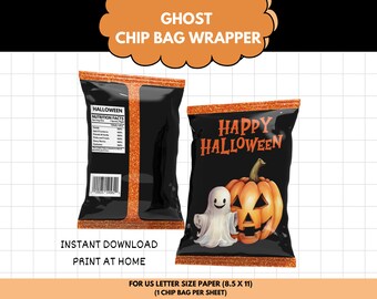 PNG Halloween Chip bag Label, Halloween Chip bag printable, Cute Ghost and Jack O Lantern Chipbag, Halloween party favors, HW12