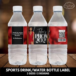Etiket waterfles schoolbal, 2026 canvas sjabloon feestbedankje, glamour rood zilver galafeest gunst, label sportdrank voor galacadeau, BD185