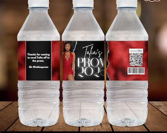 Prom Send Off Water Bottle Label, 2025 party favor canva template, Glam Red Silver Prom Party Favor, Sports Drink Label for Prom Gift, BD185