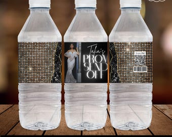 Prom Send Off Water Bottle Label, 2025 party favor canva template, Glam Black 2025 Prom Party Favor, Sports Drink Label for Prom Gift, BD122