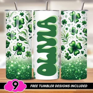 Envoltorio para vaso delgado de 20 oz del Día de San Patricio, envoltorio para vaso con trébol verde con purpurina, vaso brillante PNG, trébol de 4 hojas de la suerte PNG con sublimación
