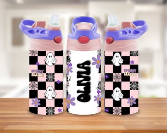 Spooky Season Kids Tumbler Wrap, 12 oz Kids Tumbler Wrap for Halloween, Retro Sippy Cup PNG for School Lunch, Pink Checkerboard Tumbler PNG