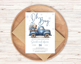 Oh Boy Invitation Template, Editable Winter Baby Shower Invite, Printable Blue Teddy Bear Baby Shower Invitation for Boys, DIY Shower, BD244