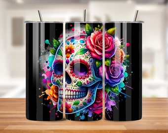 Sugar Skull Tumbler Wrap, 20 oz Skinny Tumbler Design for Día de los Muertos, Halloween Tumbler PNG, Skeleton Tumbler Wrap, Floral Tumbler