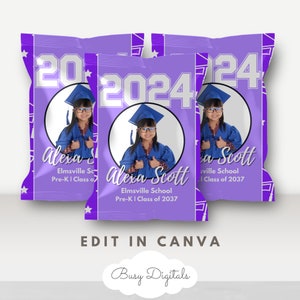 Editable Chip Bag Template, Canva Graduation Chipbag template, Printable Grad Party Favor, DIY Purple Chipbag Wrapper, Class of 2025 BD81