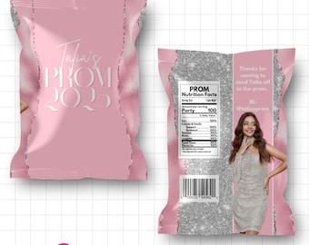 Glam Pink Prom Send off Chipbag, Canva Template for prom celebration, Editable Prom Party chip bag, 2025 Pink Silver Prom Party Favor, BD178