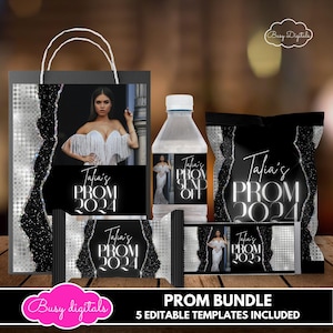 Prom Treat Template Bundle, Prom Party Favor Canva Templates, Editable Glam Silver & Black Prom Send Off Party Favors, DIY Prom Labels BD196