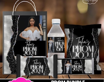 Paquete de plantillas para obsequios de graduación, plantillas de Canva para recuerdos de fiesta de graduación, recuerdos de fiesta de despedida de graduación glamorosos en plata y negro editables, etiquetas de graduación DIY BD196