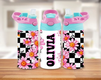 Retro Floral Kids Tumbler Wrap, 12 oz Kids Tumbler Wrap, Sippy Cup PNG for Back to School, Pink Flower Sublimation, Girl Name Cup Wrap