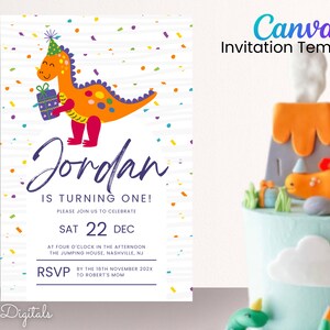 Editable Dinosaur Birthday Invitation for Canva Template, 1st Birthday Invitation Printable, Instant Download Dino Invite, Dino Party BD117