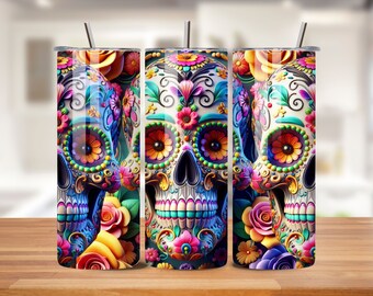 3D Sugar Skull Tumbler Wrap, Día de los Muertos PNG, 20 oz Skinny Tumbler Design for  Halloween Tumbler PNG, Skeleton Floral Tumbler Wrap
