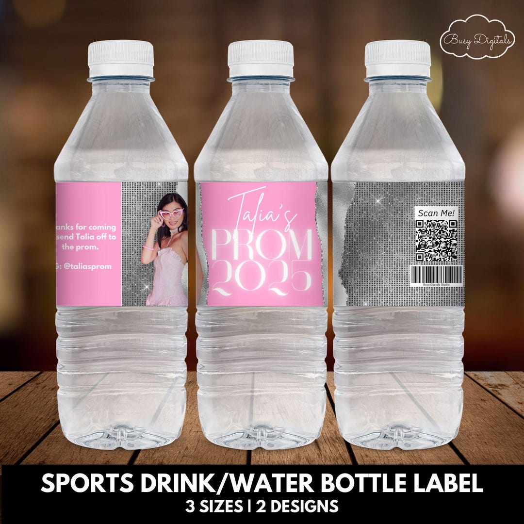 Glam Pink Prom Water Bottle Label, Editable Party Favor Canva Template ...