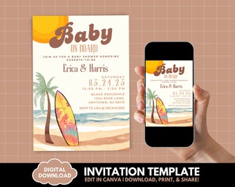 Baby on Board baby shower Invitation Template, Editable canva template, Summer baby shower invite, summer e-invite, Beach Baby shower BB188