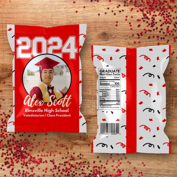 2024 Chip Bag Canva Template for graduation, Printable chipbag for kinder graduate, Red Pre-K grad custom picture chipbag party favor, BD58