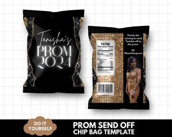 Prom Send off Chip Bag Template, Editable chipbag canva template, Gold and Black glam prom party favor, Prom 2026 template, BD120