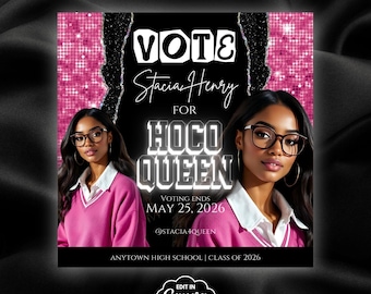 Editable Prom Queen Campaign Flyer, Homecoming Queen Flyer Template, Editable IG Flyer Canva Template, DIY HOCO Glam Pink Photo Flyer, BD240
