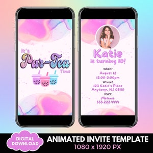 May include: Animated digital invitation template for a 10th birthday party with a pink and purple color scheme. The text reads "It's Par-Tea Time" and "Katie is turning 10!" with details about the party date, time, and location. A photo of a girl is in the upper right corner.
