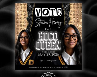 Homecoming Queen Flyer Template, Editable Prom Queen Campaign Flyer, Editable IG Flyer Canva Template, DIY Gold Photo Flyer for HOCO, BD222