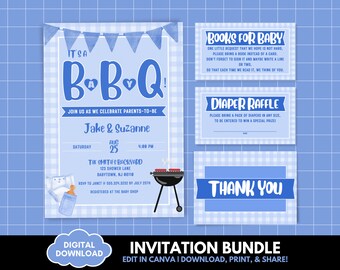 Editable BBQ Baby Shower Invitation Bundle, Baby-Q boy baby shower invite template pack, Backyard baby shower invite, printable BB186