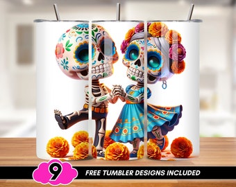 Dancing Sugar Skull Tumbler Wrap, Cute Halloween 20 oz Skinny Tumbler PNG, Sugar Skull Couple Sublimation Design, Day of the Dead Tumbler