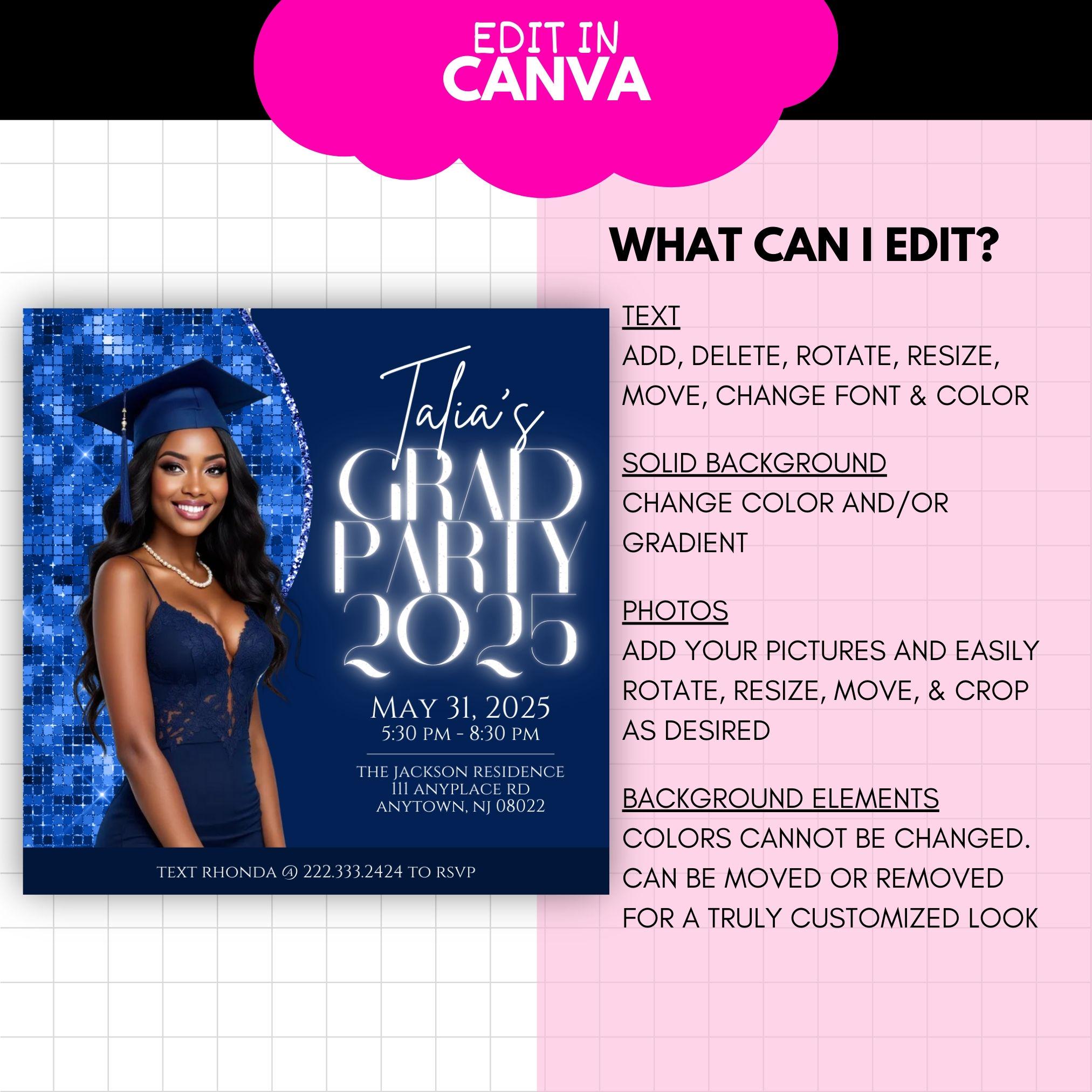 Grad Week Flyer Editable Grad Party Flyer Template, Blue Grad Announcement Canva ...