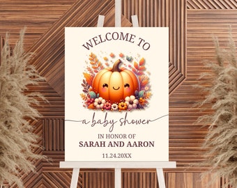 Edytowalny mały dyniowy znak powitalny na baby shower, drukowany jesienny plakat powitalny na baby shower, neutralna pod względem płci dekoracja na baby shower, BB191