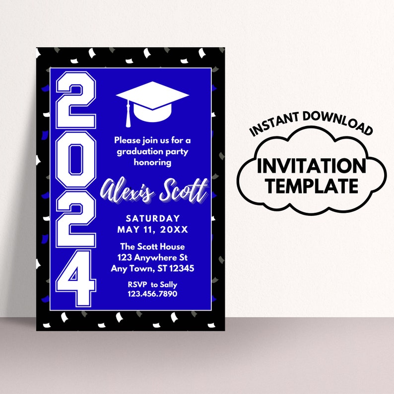 2024 Blue Graduation Invitation Canva Template, Modern Grad Announcement for College, Highschool