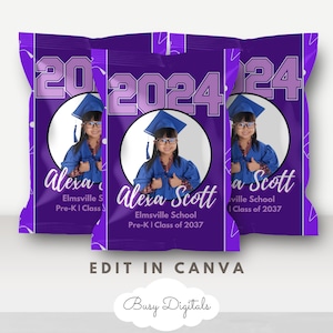 Editable Graduation Chipbag Template, Grad Party Canva Chip Bag Template, Printable Photo Chipbag Favor, DIY Purple Chip bag Wrapper, BD89